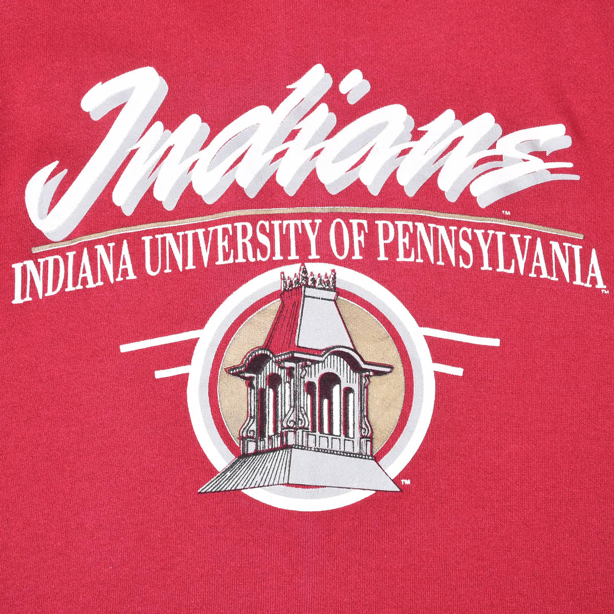 Close-up of Indiana University of Pennsylvania chest print with campus tower graphic