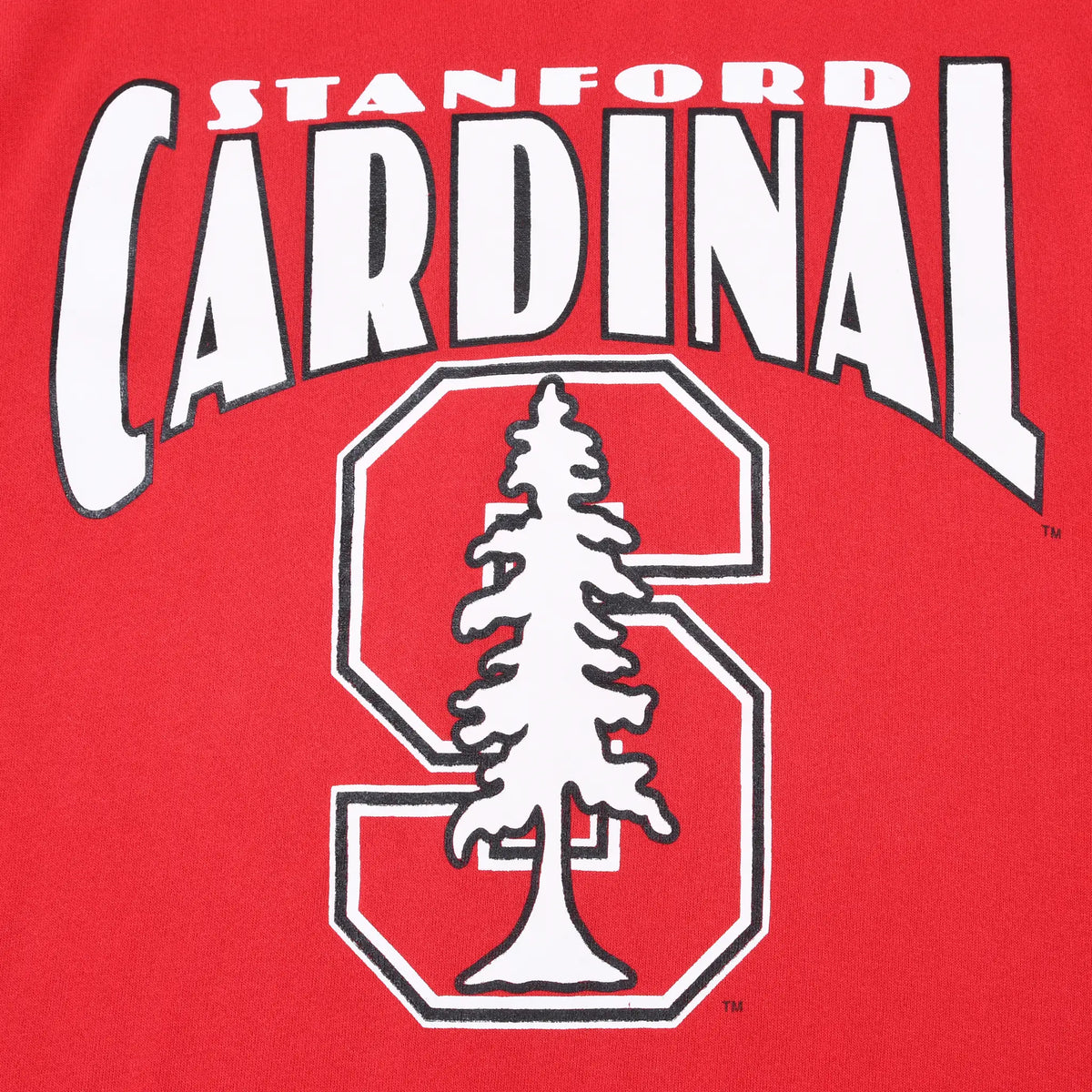 Close-up of Stanford Cardinal front print with block S and tree logo