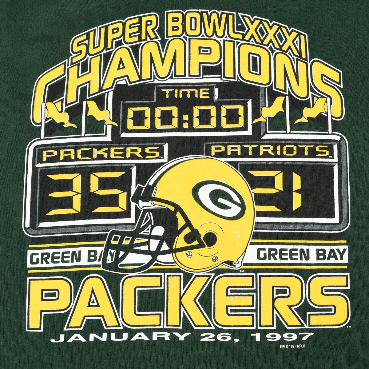 Close-up of Packers Super Bowl XXXI champions print with helmet, scoreboard, and January 26, 1997 date