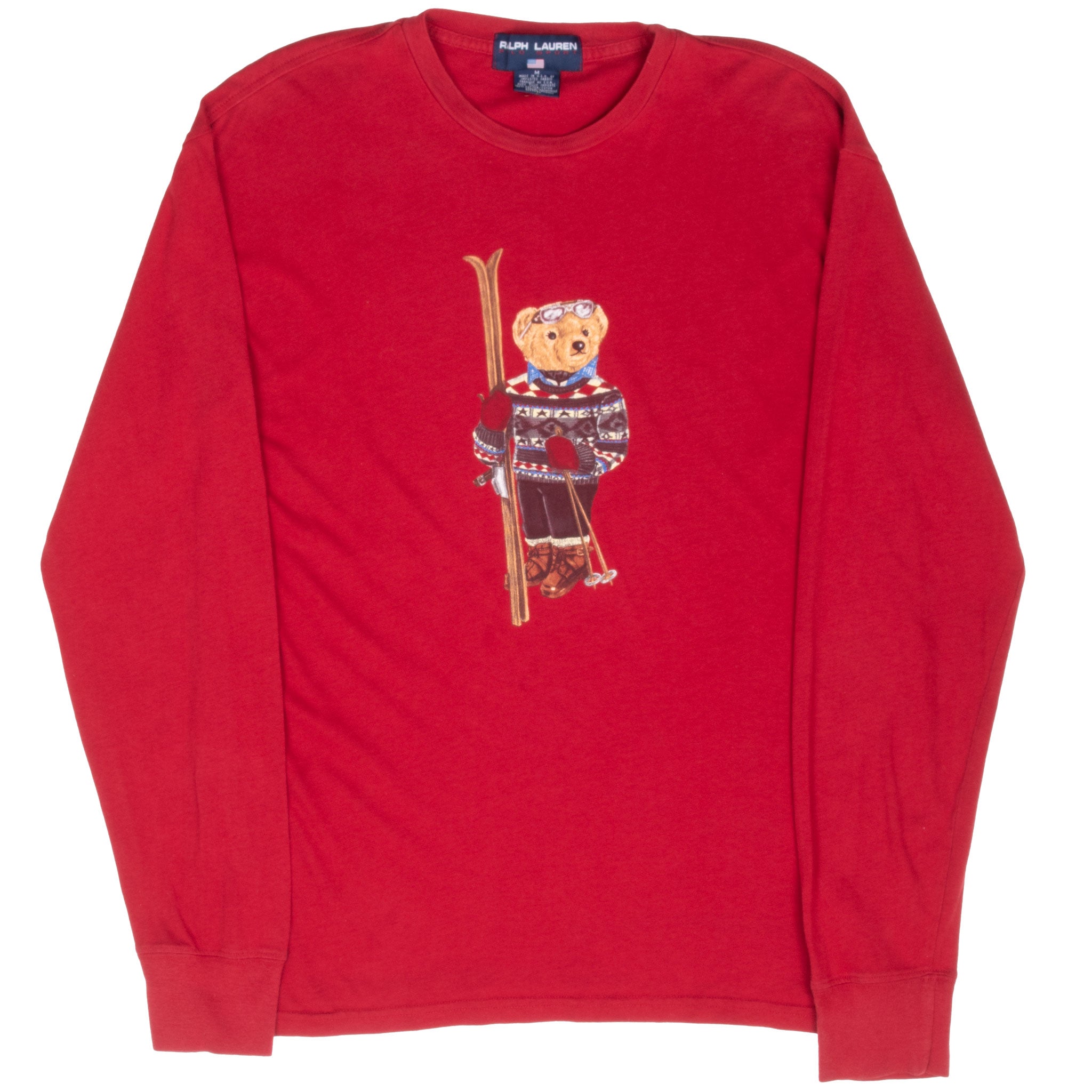 Vintage Polo Ski Bear Ralph Lauren Long Sleeve Red Tee Shirt Size Medium