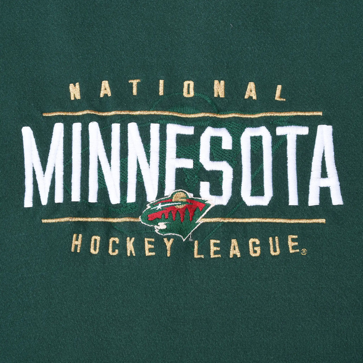 Close-up of embroidered Minnesota National Hockey League text and Wild team logo