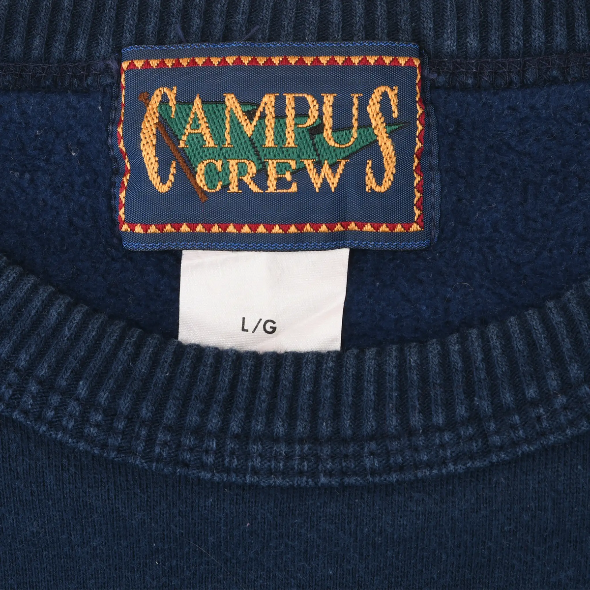 Campus Crew neck label and L/G size tag inside navy sweatshirt