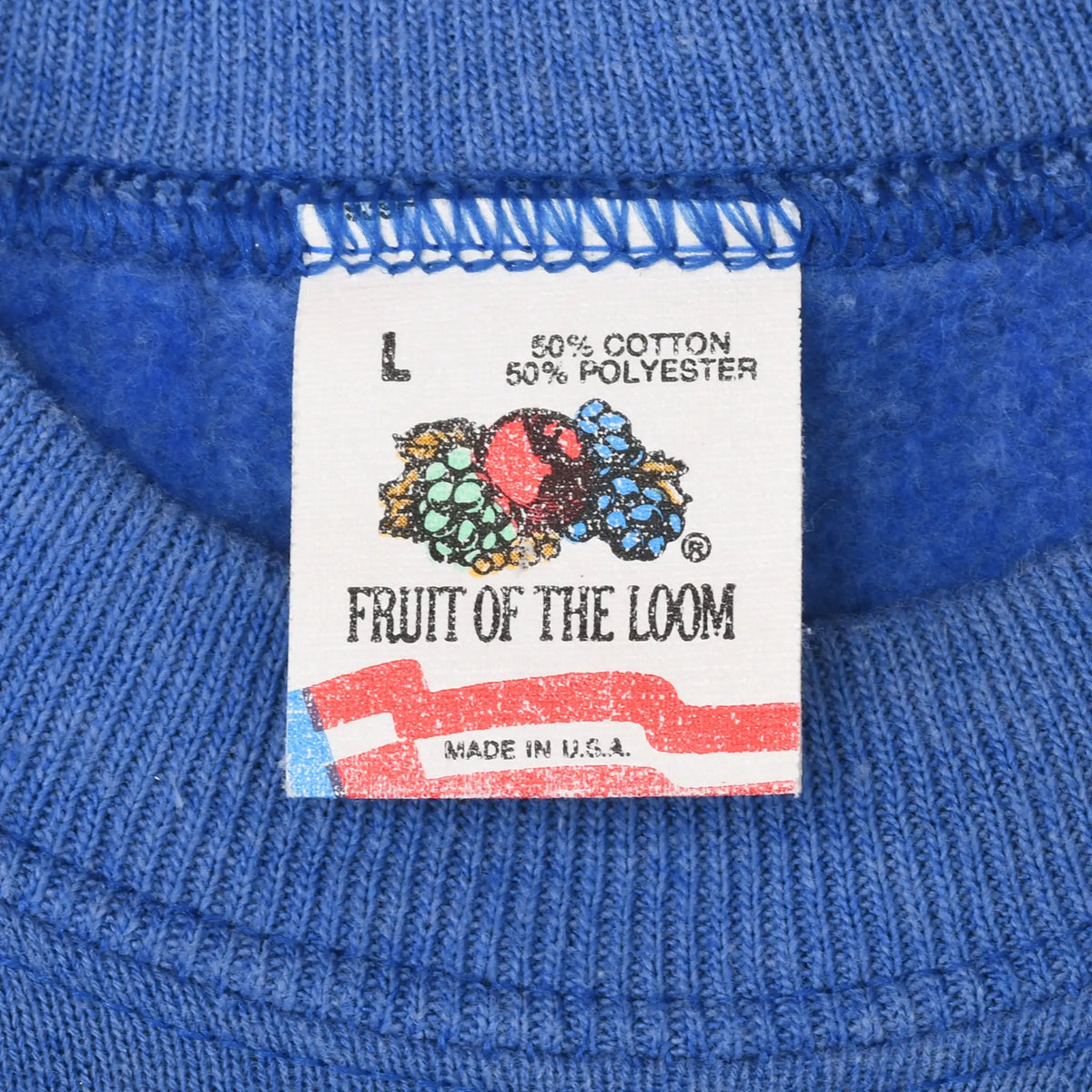 Fruit of the Loom neck label marked size L inside blue sweatshirt