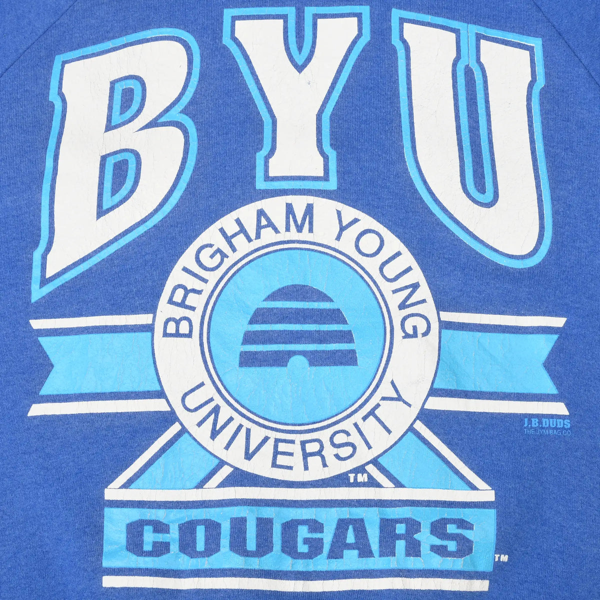 Close-up of white and light blue BYU Brigham Young University Cougars chest print