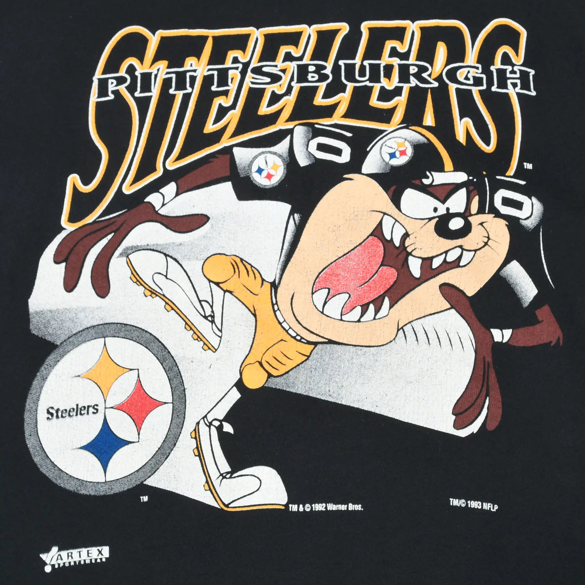Close-up of Pittsburgh Steelers Taz football graphic on black sweatshirt