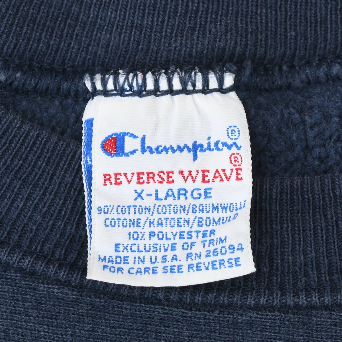 Champion Reverse Weave X-Large Made in USA neck label close-up