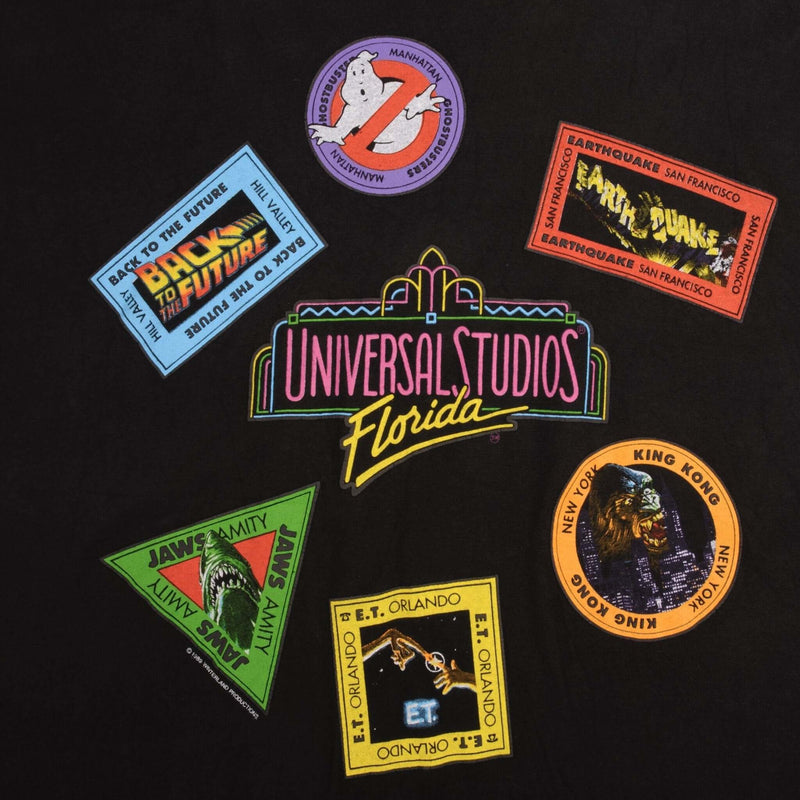 Vintage Universal Studios Florida Jaws, ET, Back to The Future, King Kong, Ghost Buster, Hearthquake Tee Shirt 1989 Size 2XL Made In USA With Single Stitch Sleeves