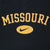 Close-up of gold Missouri lettering and Nike Swoosh chest graphic on black sweatshirt