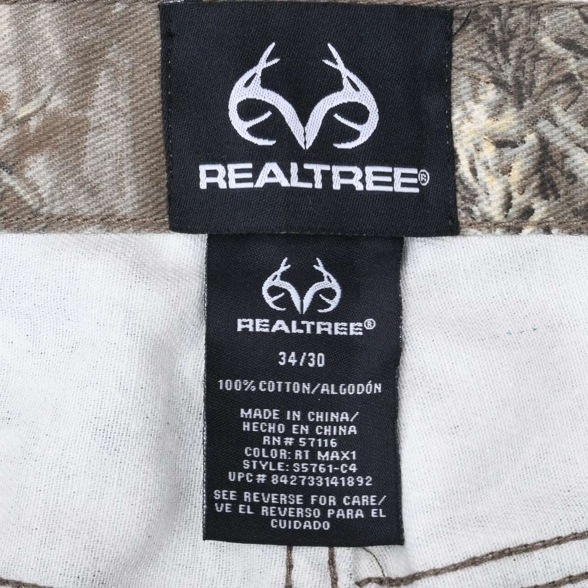 Realtree waistband and care labels showing Max-1 color and 34/30 sizing