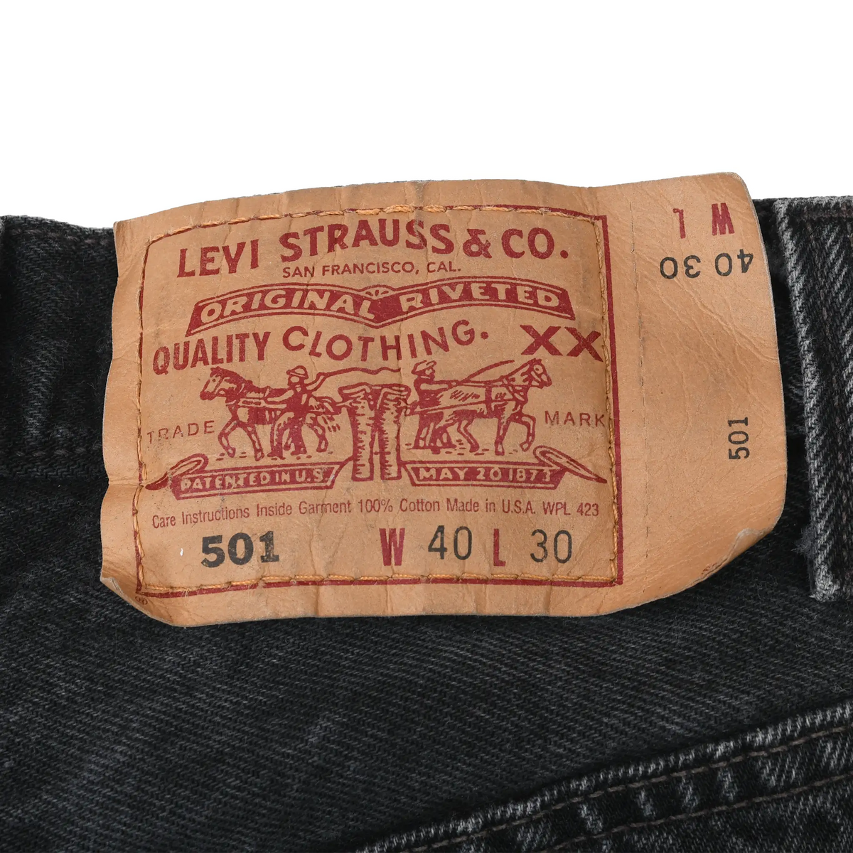Levi Strauss & Co. 501 waistband patch marked W40 L30 and Made in USA