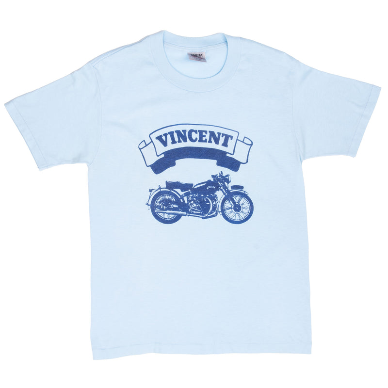 Vintage Vincent Biker Blue Tee Shirt 1980S Size Medium Made In Usa With Single Stitch Sleeves