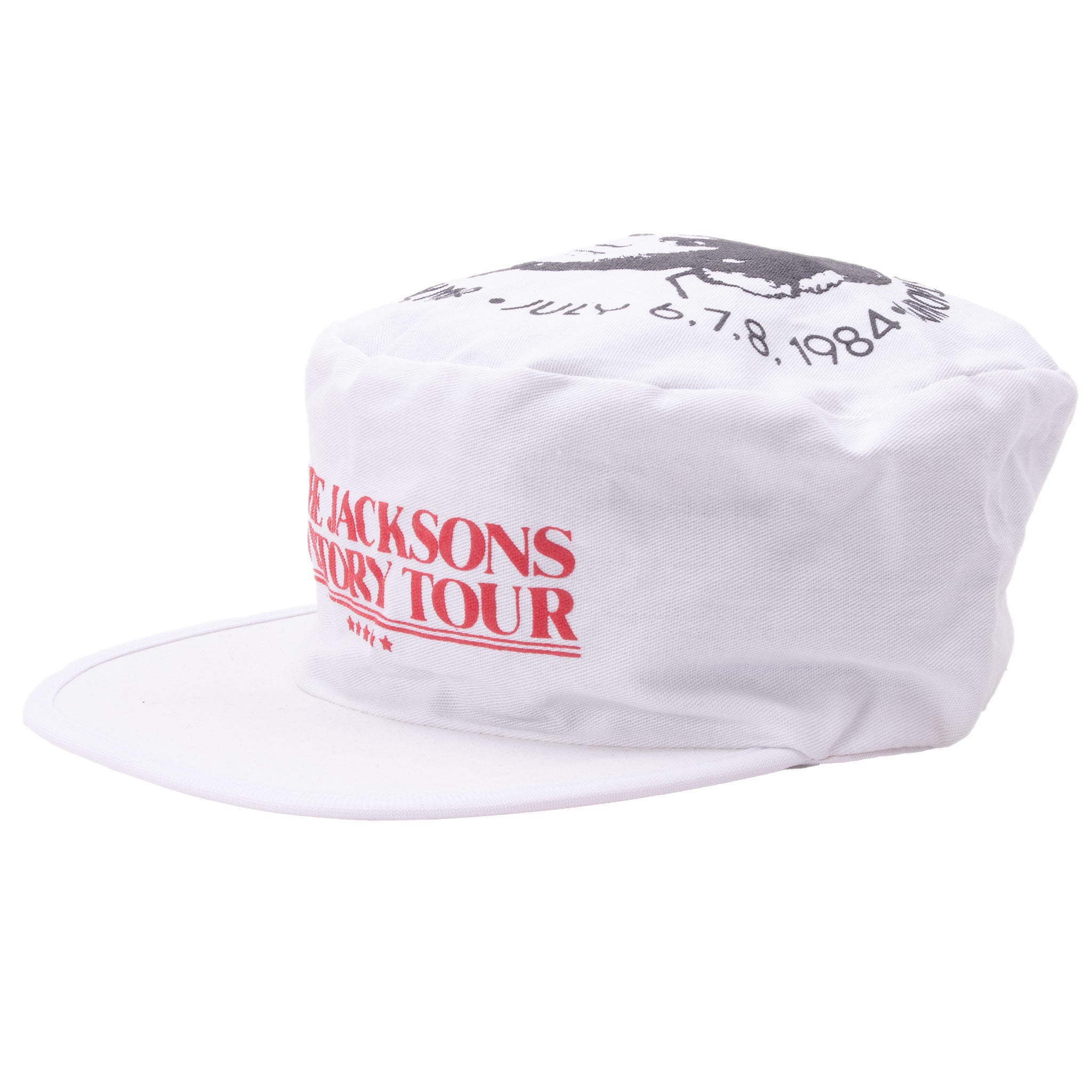 Angled front view of white Jacksons Victory Tour cap with red lettering and Michael Jackson crown graphic
