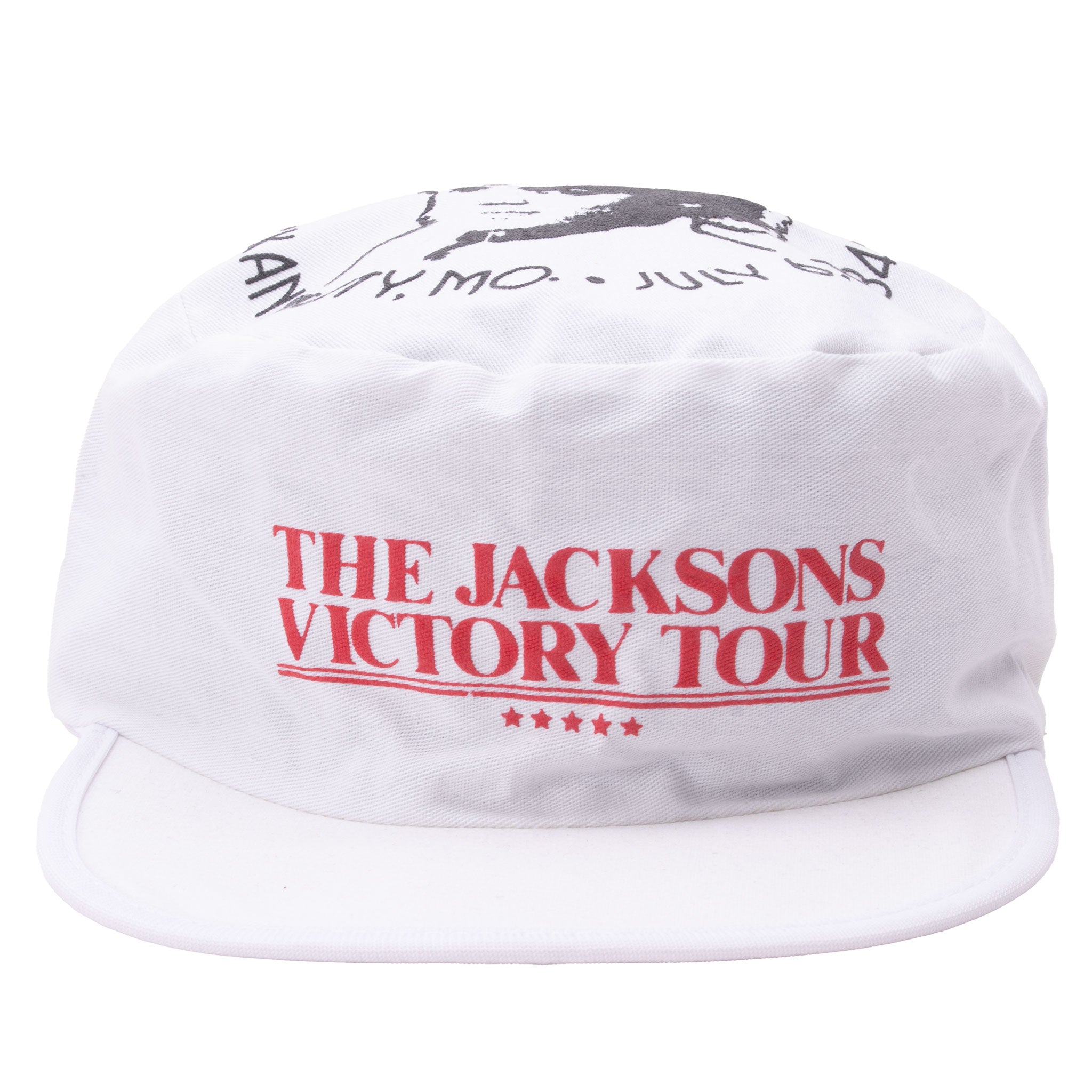 Front of white Jacksons Victory Tour cap with red lettering, five stars, and flat brim