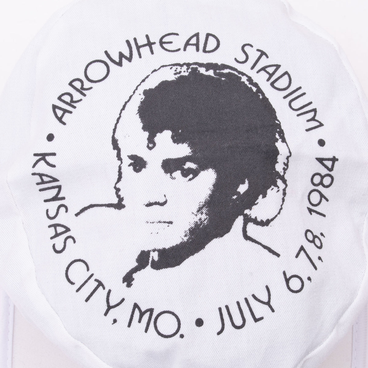 Close-up of Michael Jackson portrait with Arrowhead Stadium, Kansas City, and July 6–8, 1984 text