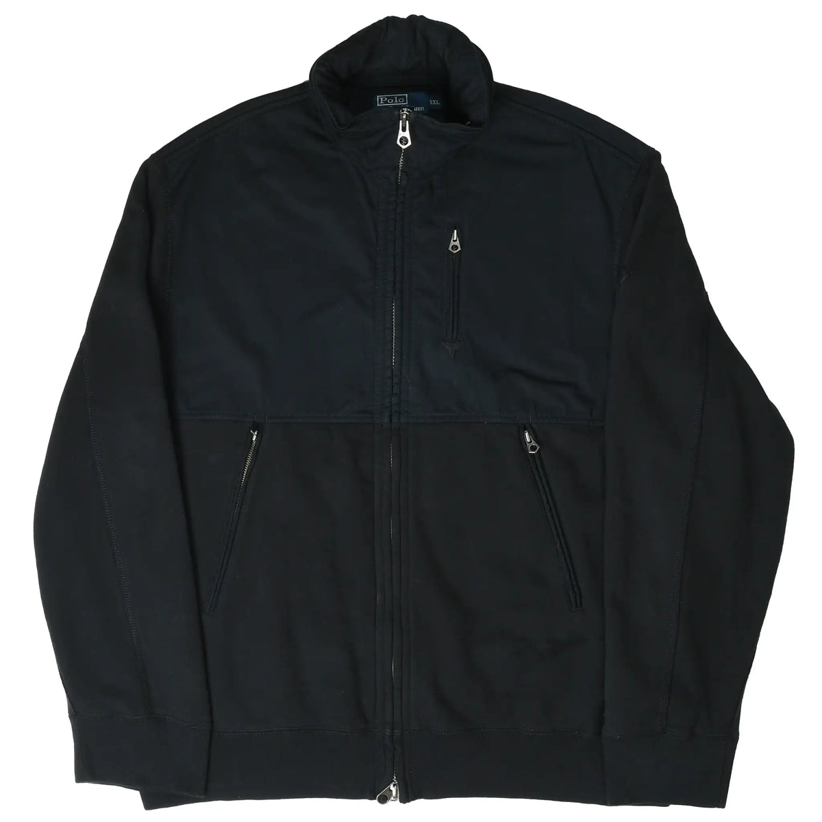 Front of black Polo Ralph Lauren jacket with stand collar and zippered pockets