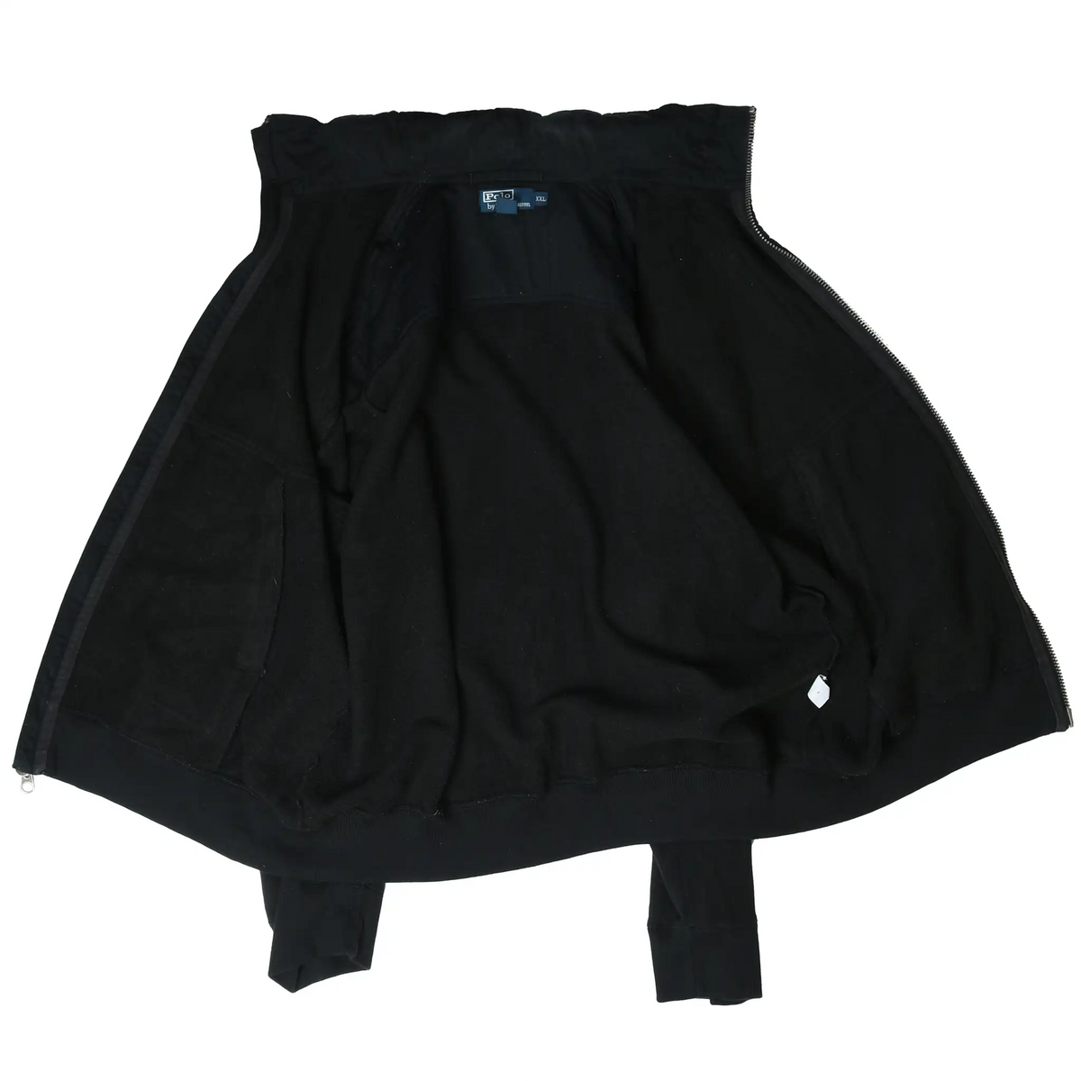 Open black Polo Ralph Lauren jacket showing the interior lining and neck label
