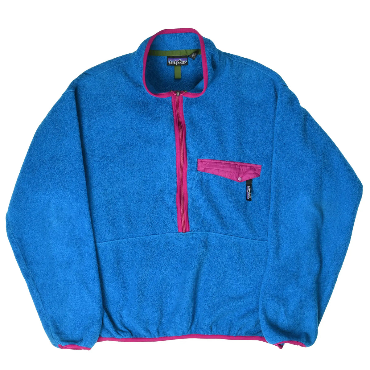 Full front of blue Patagonia half-zip fleece pullover with magenta accents