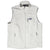Full front view of beige Patagonia Synchilla fleece vest with logo patch and zip pockets