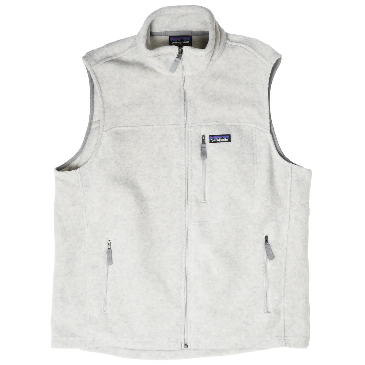 Full front view of beige Patagonia Synchilla fleece vest with logo patch and zip pockets