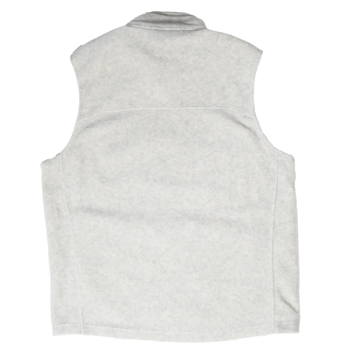 Back of beige Patagonia Synchilla fleece vest with stand collar and shoulder seam