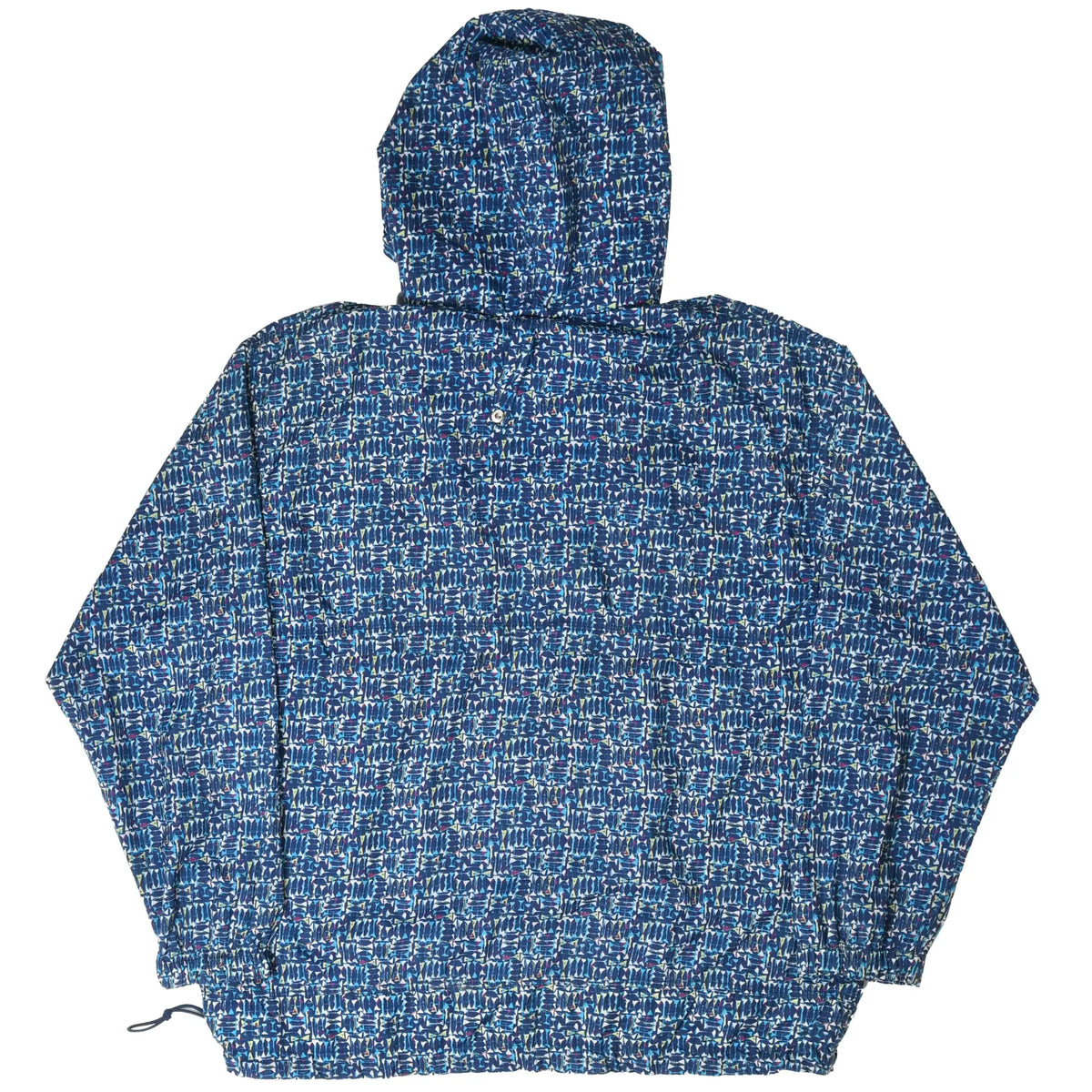 Back of Nike blue patterned hooded pullover jacket with elastic hem and drawcord