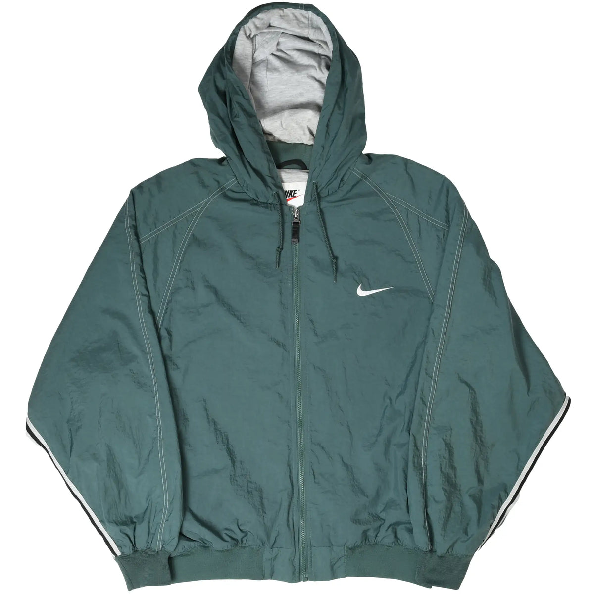Full front view of green Nike hooded windbreaker with zip closure and white Swoosh