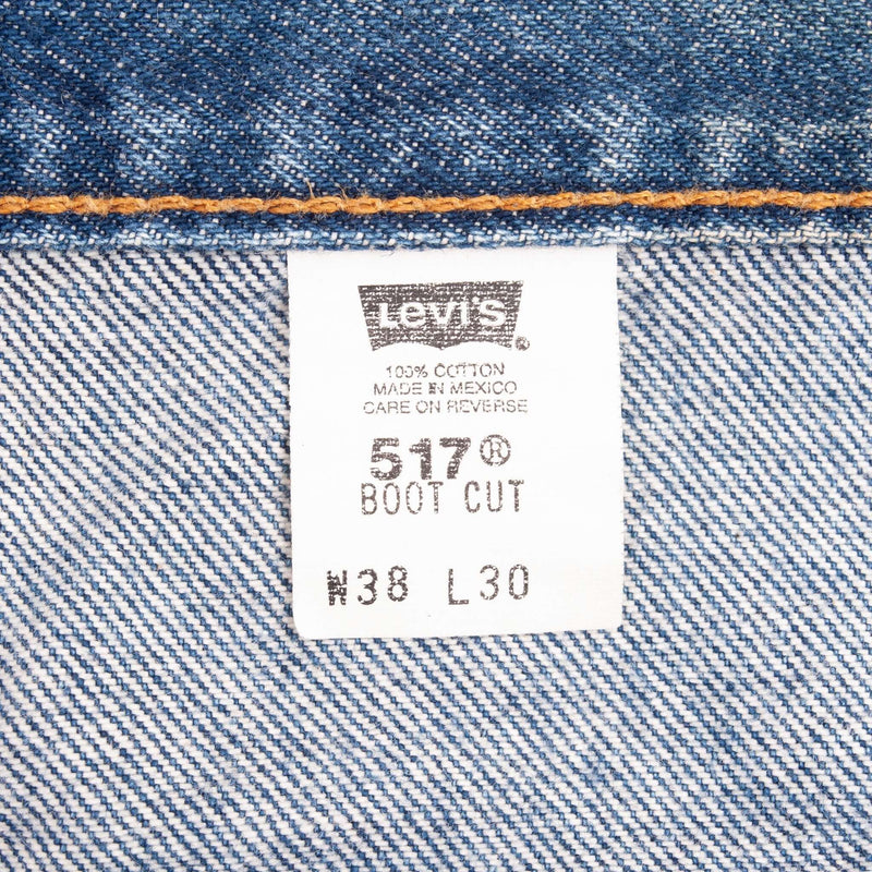 Beautiful Indigo Levis 517 Boot Cut Jeans 1980s with Medium Blue Wash With Beautiful Whiskers.

Size on tag 38X30 (same actual Size)

Back Button #411M

Size on tag 38X30 (same actual Size)

Back Button #411M