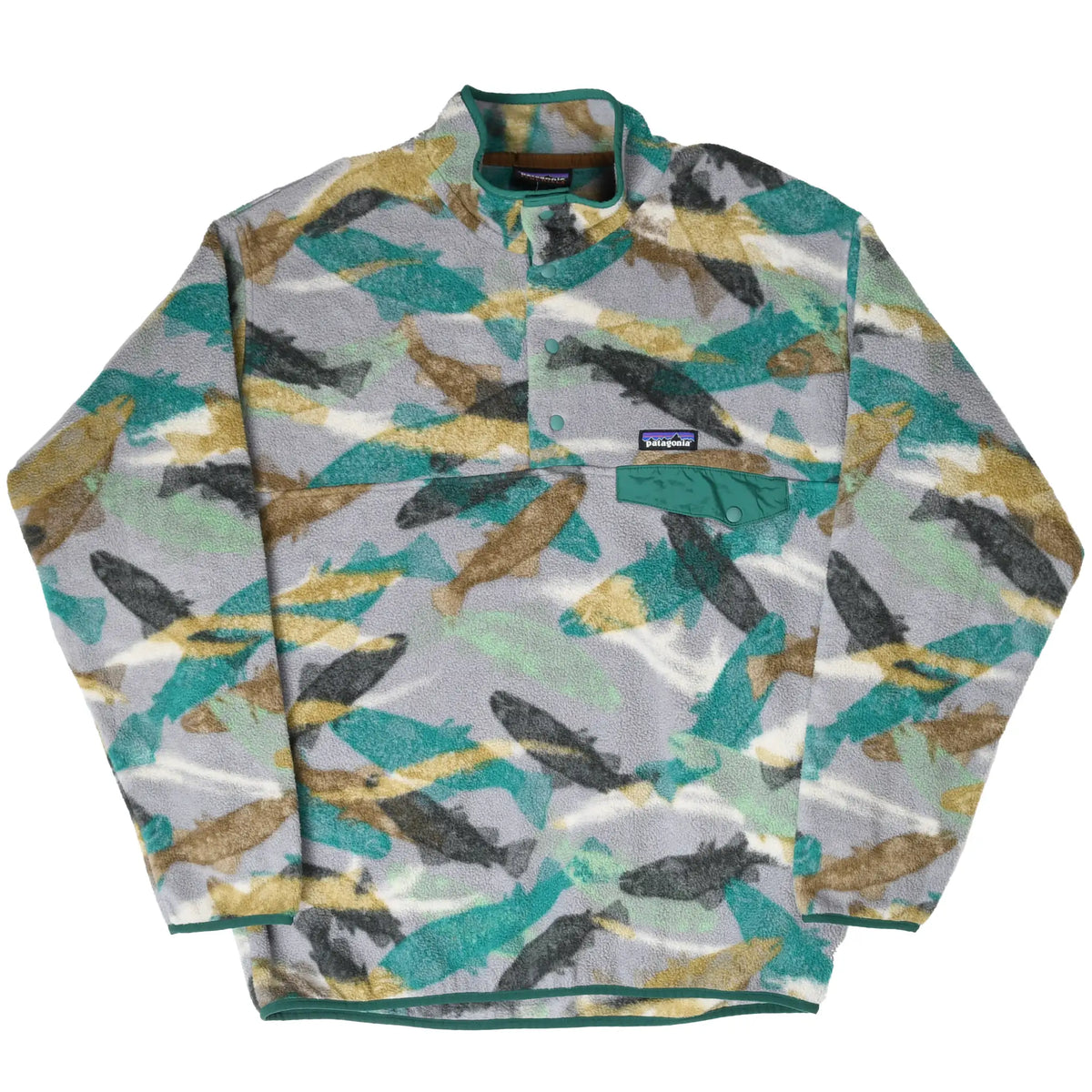 Full front of Patagonia Snap-T grey trout-pattern fleece pullover with teal trim and chest pocket