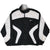 Full front view of black and white Nike windbreaker with curved color-block panels