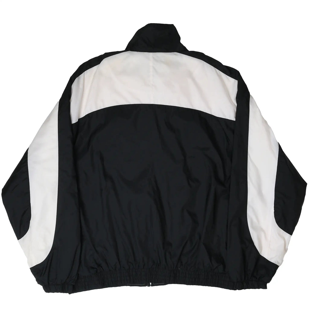 Back view of black and white Nike windbreaker with white shoulder and sleeve panels
