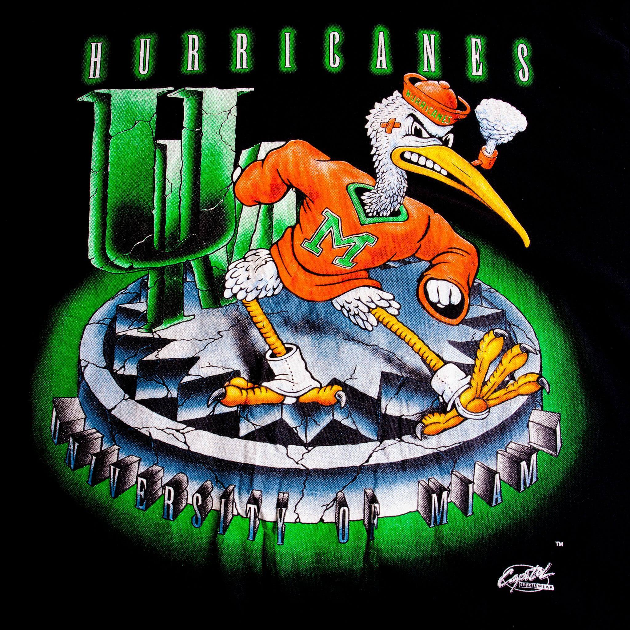 Vintage Miami Hurricanes Tee Shirt 1990'S Size Medium Made In USA With Single Stitch Sleeves.