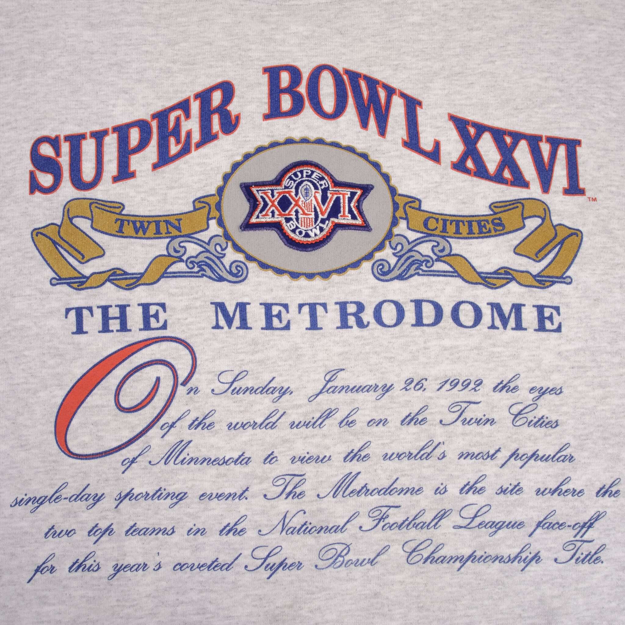 Vintage Nfl Super Bowl Xxvi Twin Cities 1992 Sweatshirt Size Large Made In USA