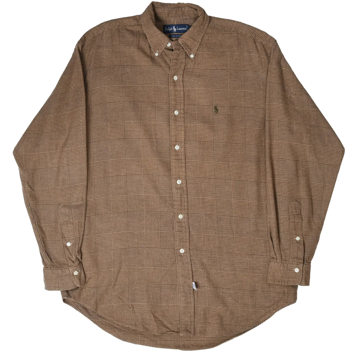 Full front view of Polo Ralph Lauren brown plaid flannel shirt with button-down collar and curved hem