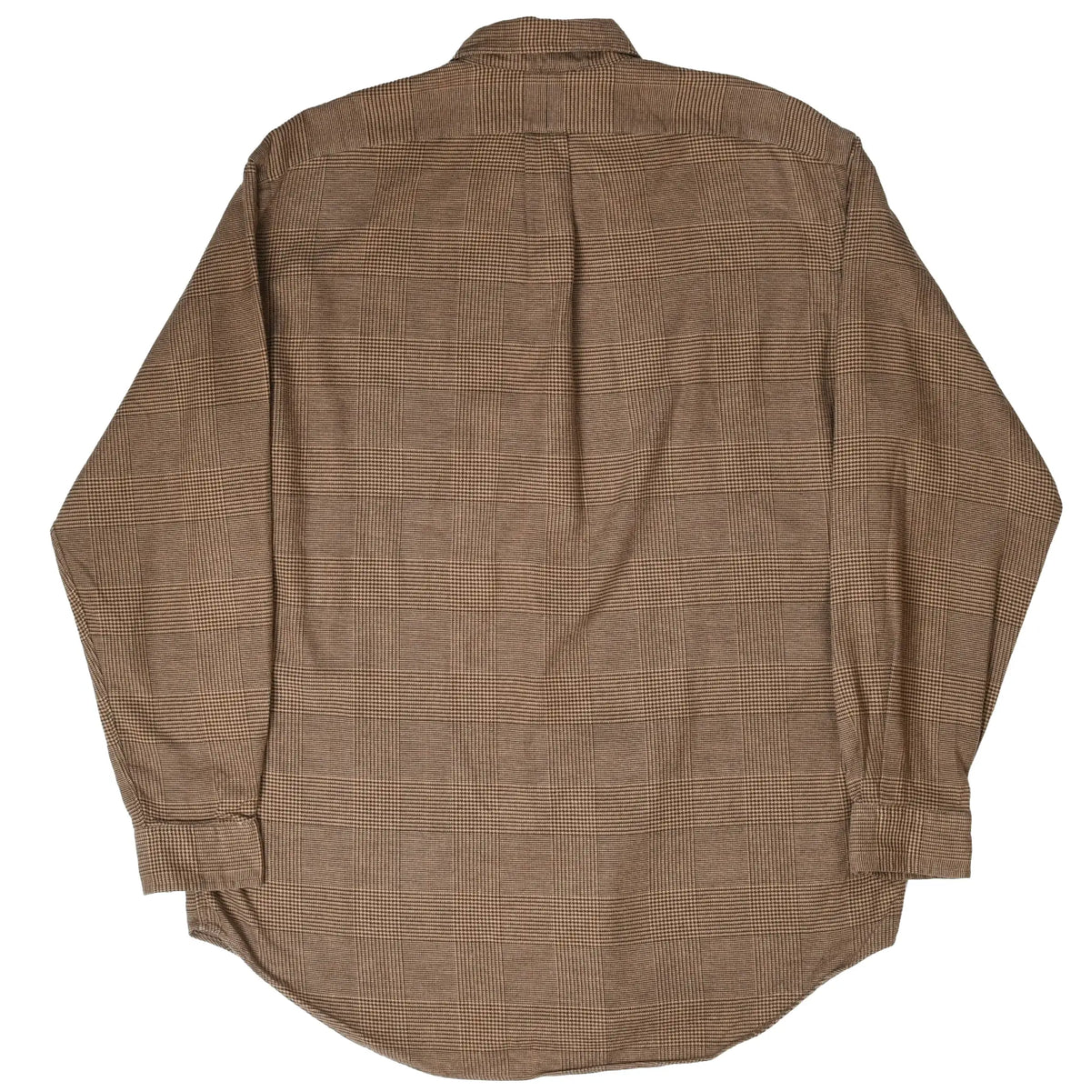 Back of Polo Ralph Lauren brown plaid flannel shirt with center box pleat and curved hem