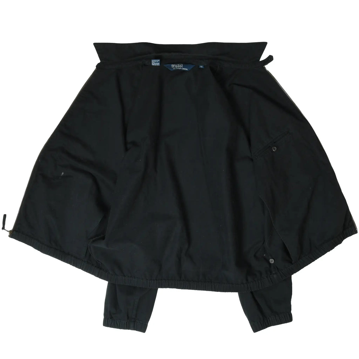 Open black Polo Ralph Lauren Harrington jacket showing the unlined interior and inner pockets