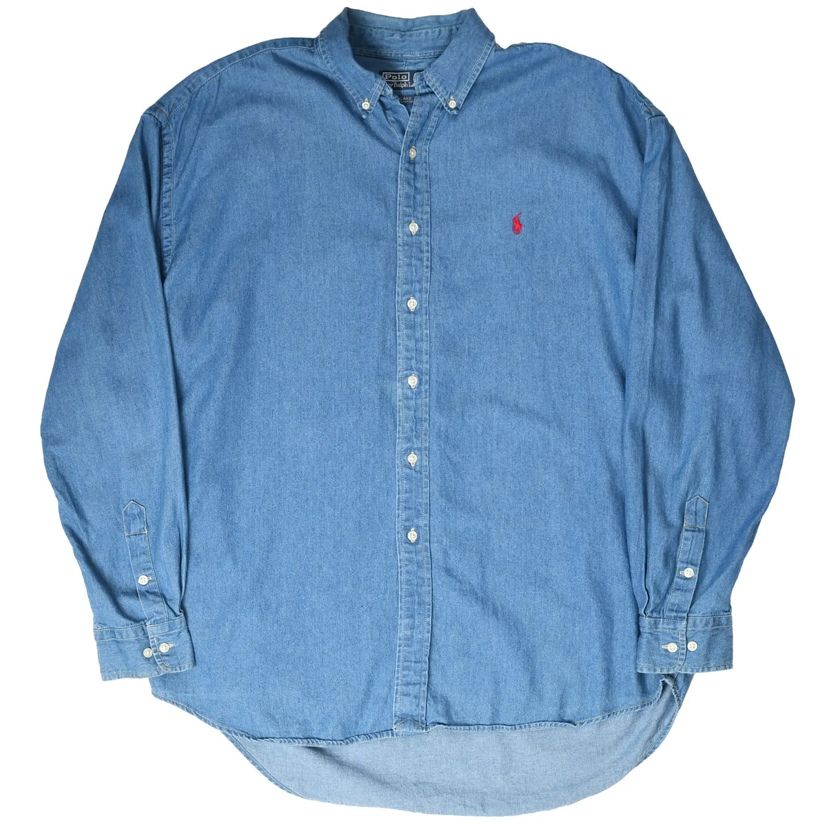 Front of blue Ralph Lauren Blake denim shirt laid flat with collar and cuffs visible