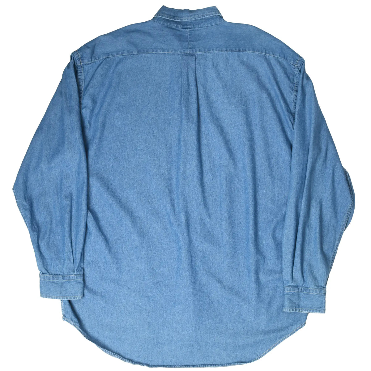 Back of blue Ralph Lauren Blake denim shirt with long sleeves and curved hem