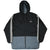 Front of black and gray Adidas hooded windbreaker zipped closed with striped sleeves