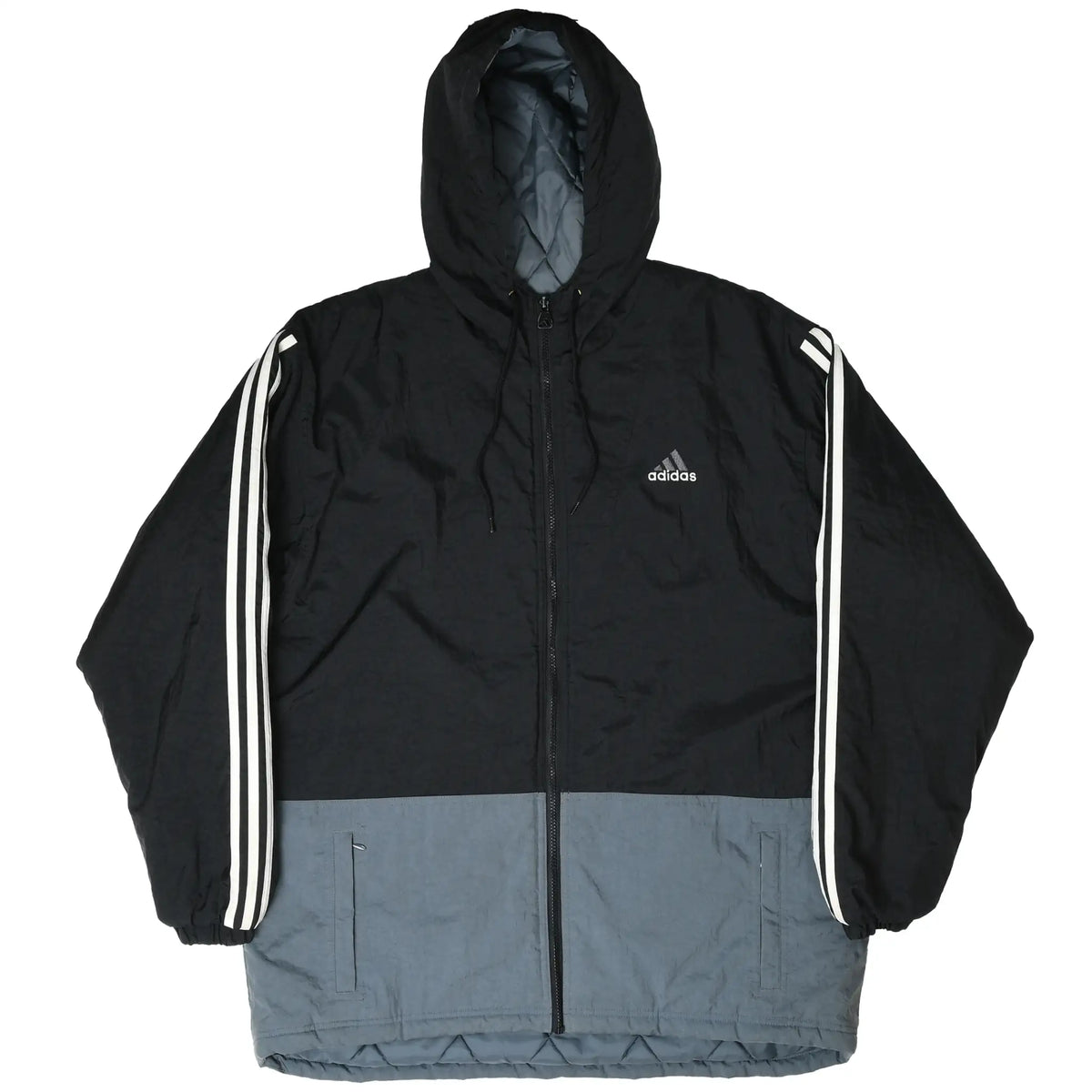 Front of black and gray Adidas hooded windbreaker zipped closed with striped sleeves