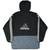 Back of black and gray Adidas hooded windbreaker with white sleeve stripes and large logo