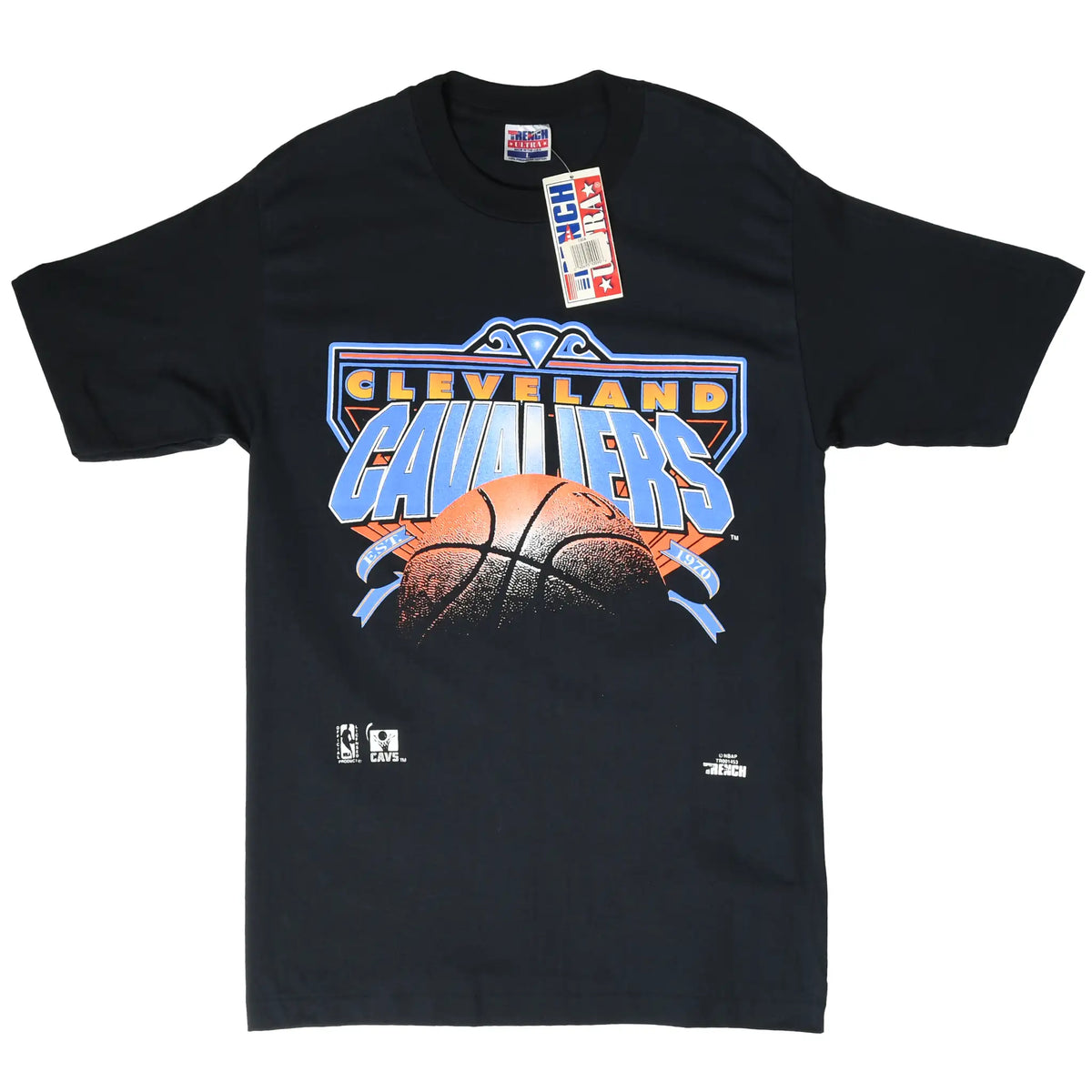 Full front of black Cleveland Cavaliers T-shirt with basketball graphic and hang tag