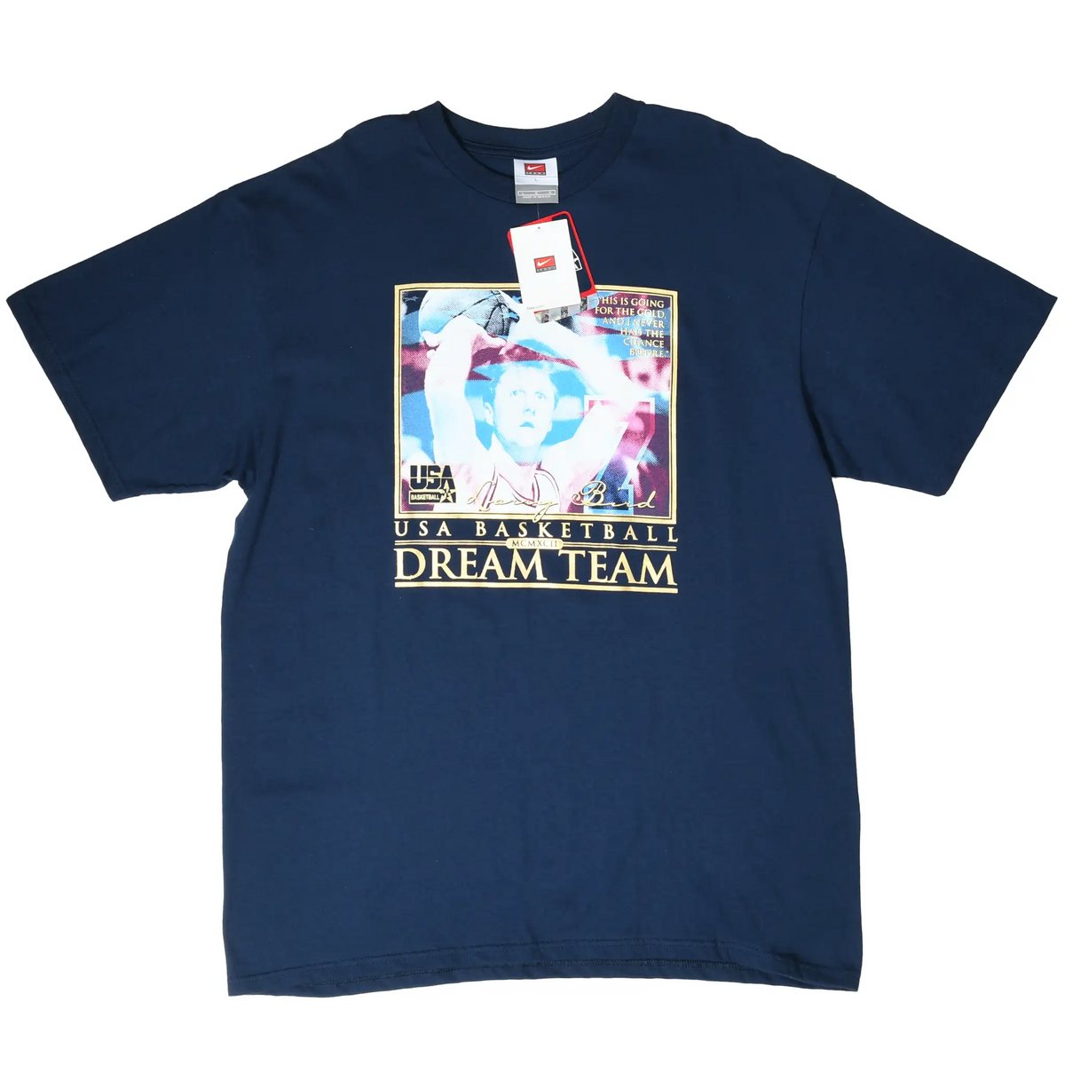 Full front view of navy Nike T-shirt with Larry Bird USA Basketball Dream Team print and hangtags