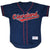 Front view of navy Cleveland Indians jersey with red piping, buttons, and script logo