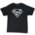 Full front view of black Superman T-shirt with white skull shield print