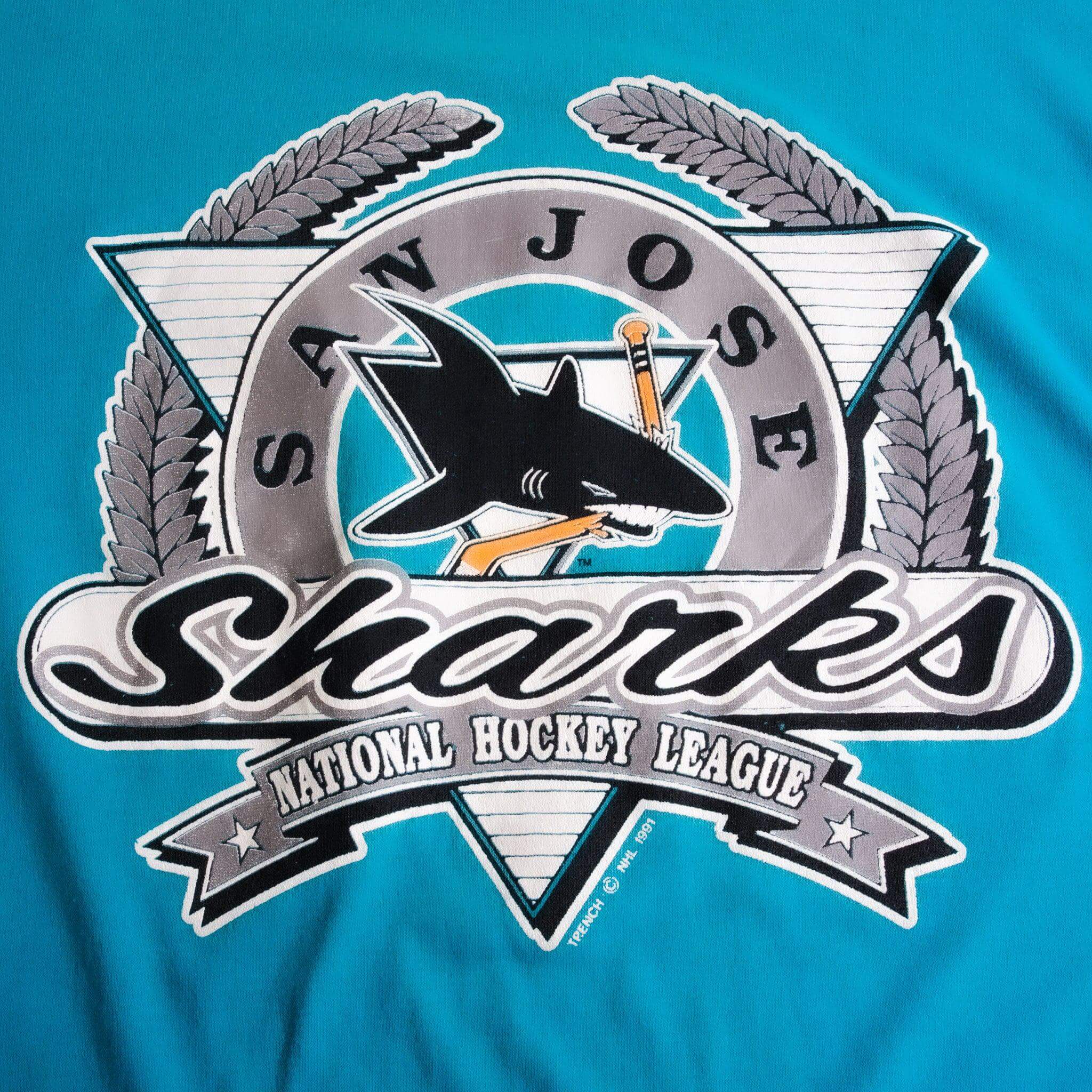 Vintage NHL San Jose Sharks Tee Shirt 1991 Size L With Single Stitch Sleeves. Made In USA. Trench