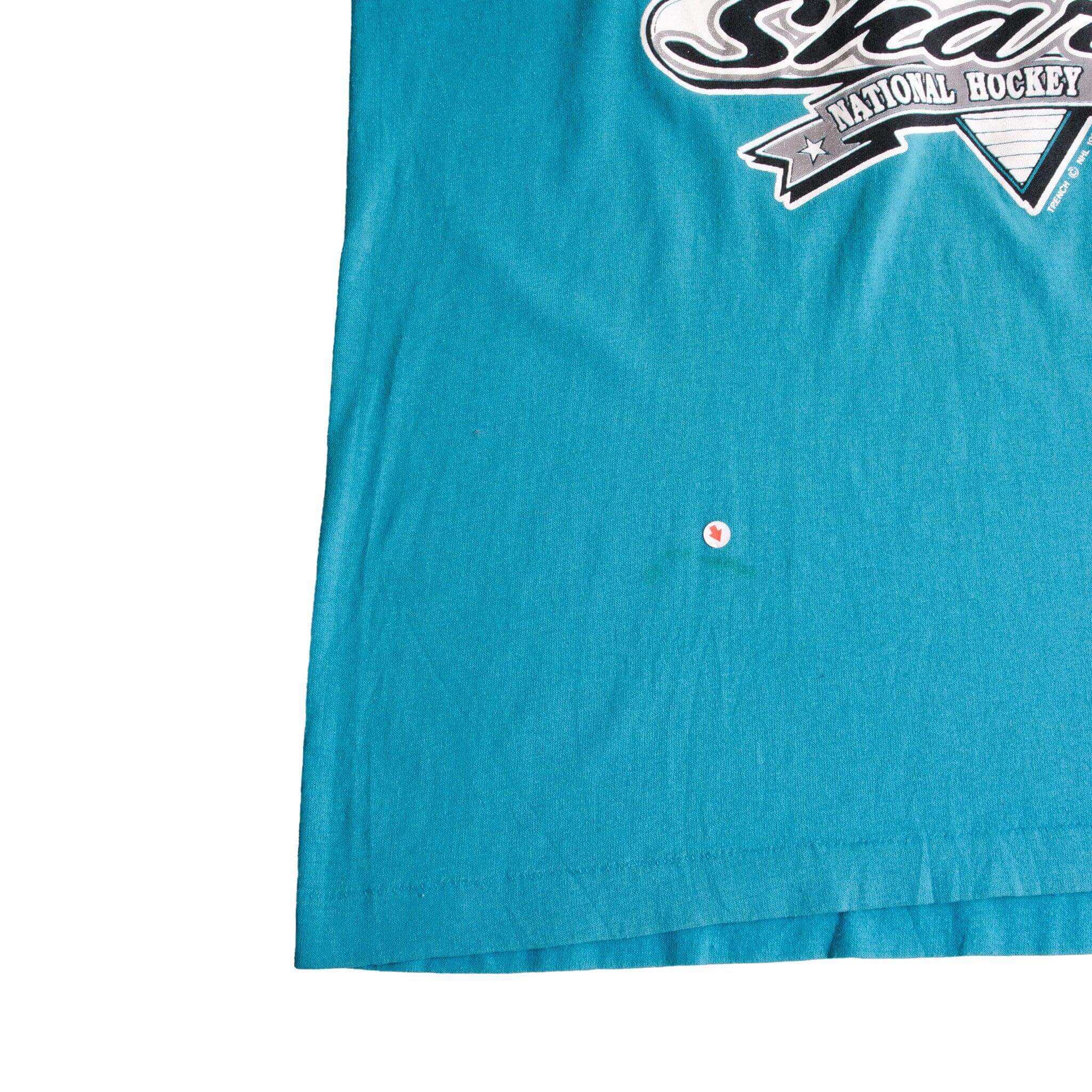 Vintage NHL San Jose Sharks Tee Shirt 1991 Size L With Single Stitch Sleeves. Made In USA. Trench