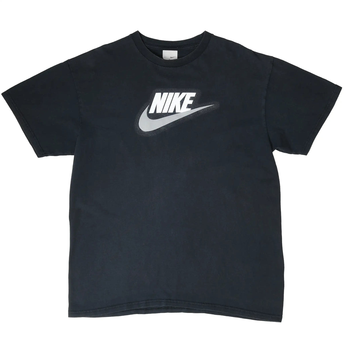 Full front of black Nike T-shirt with white spellout and large Swoosh graphic