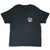 Front of black Stüssy T-shirt with small fish logo graphic on the left chest