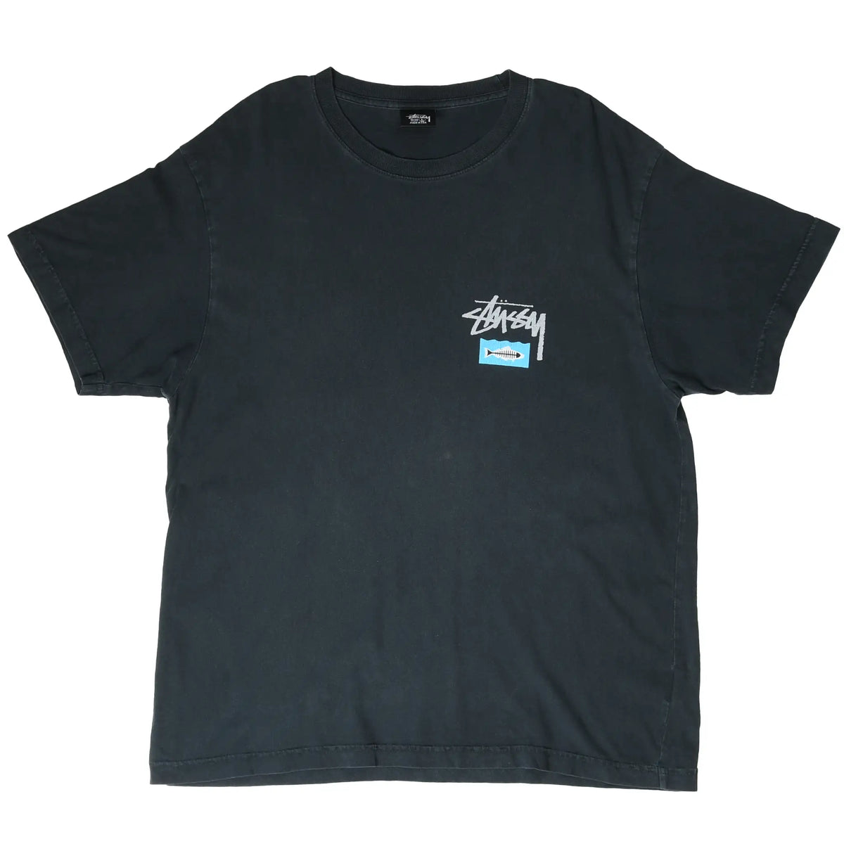 Front of black Stüssy T-shirt with small fish logo graphic on the left chest