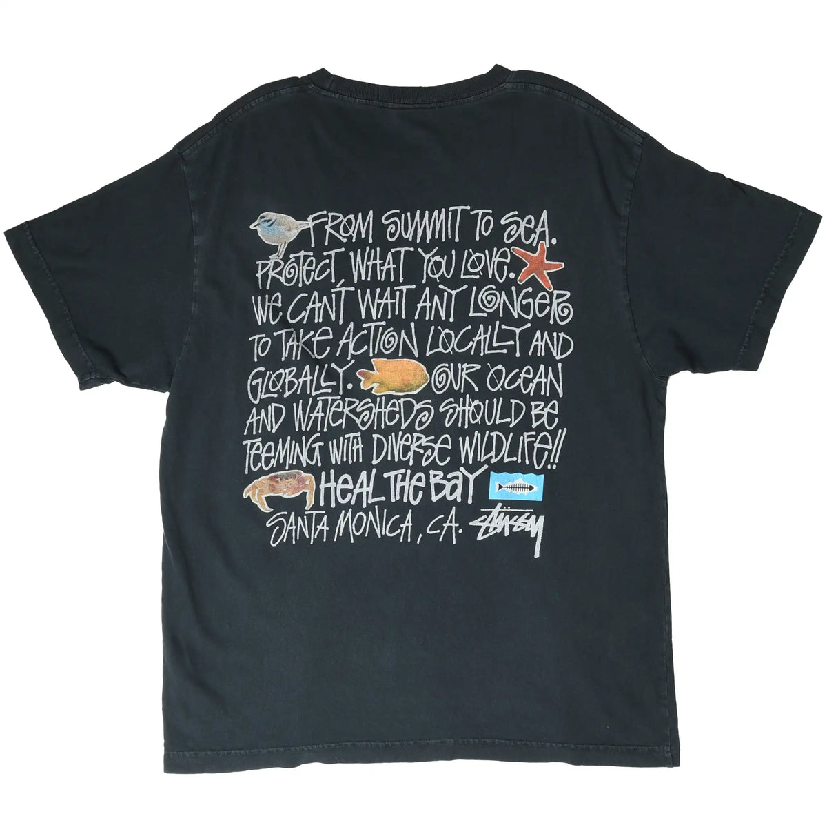 Full back of black Stüssy T-shirt with Heal the Bay ocean wildlife graphic and Santa Monica text